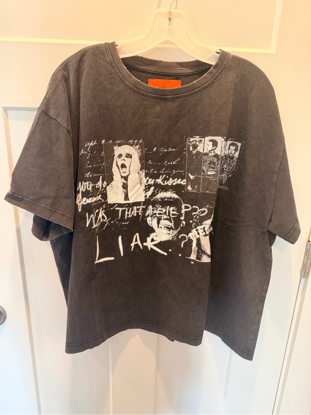 MERLIN Black Graphic Tee Small Oversized Distressed Punk Grunge Washed T Shirt